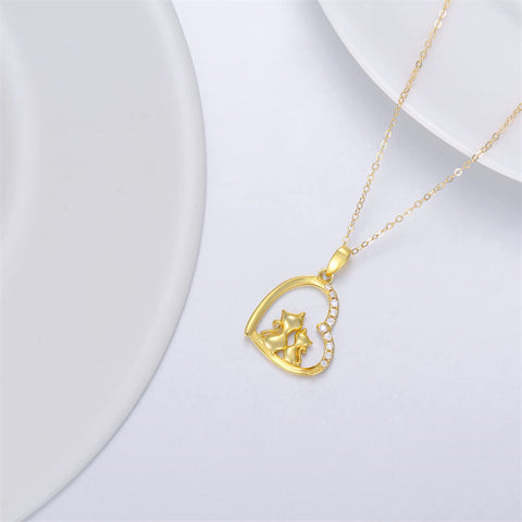 14K Solid Gold Cat Necklace for Women Cat Lover Gift Eternal Love Heart Necklace for Wife Girlfriend and Mom