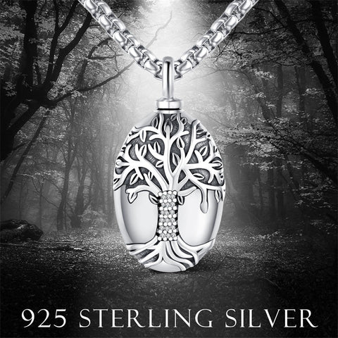 925 Sterling Silver Tree of Life Cremation Jewelry  Urn Necklace for Ashes for Men with 2.5mm 22"+2" Rolo Chain
